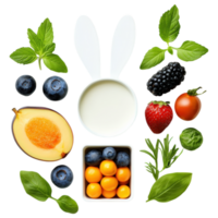 delightful arrangement of fresh fruits and herbs, featuring yogurt container shaped like bunny, evokes playful and healthy vibe. png