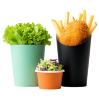 Fresh lettuce, crispy fries, and coleslaw in colorful containers create vibrant meal display. png