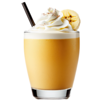 delicious banana smoothie topped with whipped cream and slice of banana, perfect for refreshing treat. png