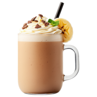 delicious banana smoothie topped with whipped cream, chocolate chips, and slice of banana, perfect for refreshing treat png