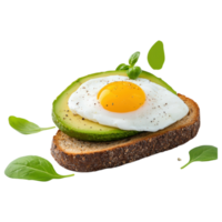 A slice of bread with an egg and avocado on top png
