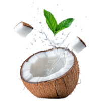 A coconut is cut open and the water is splashing out png