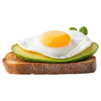 A slice of bread with a fried egg and avocado on top. png