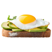 A slice of bread with a fried egg and avocado on top png