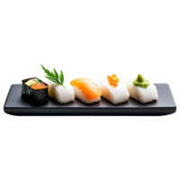 Free Isolated on Transparent Background, Sushi platter featuring various types of sushi, showcasing fresh ingredients, colors, and textures png