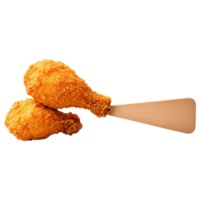 Free Isolated on Transparent Background, Crispy, golden, fried chicken drumsticks served with wooden spatula, perfect for food, and beverage png