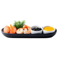 Free Isolated on Transparent Background, Fresh seafood platter featuring shrimp, garnished with herbs, served with sauces png