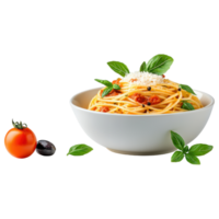 Free Isolated on Transparent Background, Delicious pasta with sauce, fresh basil, and tomatoes, perfect for food and beverage lovers png