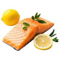 Free Isolated on Transparent Background, Fresh salmon fillet, lemon, and herbs create vibrant food and beverage display png