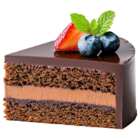 Free Isolated on Transparent Background, Delicious chocolate cake slice with creamy filling, topped with fresh berries and mint, perfect for food png
