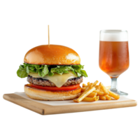 Free Isolated on Transparent Background, Delicious burger with cheese, lettuce, and tomato, served with fries and refreshing beverage png
