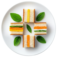 Free Isolated on Transparent Background, Colorful sandwich slices arranged plate, showcasing layers of vegetables and spreads, food, and beverage png