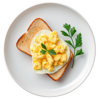 Free Isolated on Transparent Background, Scrambled eggs toast, garnished with parsley, create delightful breakfast dish, perfect for food and png