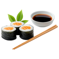 Free Isolated on Transparent Background, Sushi rolls with salmon, soy sauce, and chopsticks create delightful food and beverage experience png