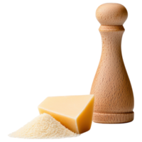 Free Isolated on Transparent Background, wooden pepper grinder next to wedge of cheese and grated cheese, showcasing food and beverage ingredients png