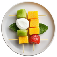 Free Isolated on Transparent Background, Fresh fruit skewers with yogurt, vibrant colors, and refreshing presentation png