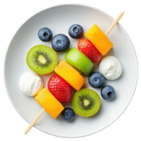 Free Isolated on Transparent Background, Fresh fruit skewers with vibrant colors, showcasing mix of berries, kiwi, and creamy dip, perfect for png