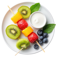 Free Isolated on Transparent Background, Fresh fruit skewers with yogurt dip, showcasing vibrant colors and healthy options, perfect for food and png