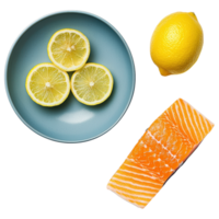 Free Isolated on Transparent Background, Fresh salmon, lemon slices, and whole lemon on blue plate create vibrant food, and beverage scene png