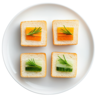 Free Isolated on Transparent Background, Delightful food and beverage presentation featuring colorful vegetable toppings on bread squares png