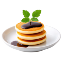Free Isolated on Transparent Background, Fluffy pancakes stacked high, drizzled with syrup, and garnished with fresh leaf, perfect for food and png