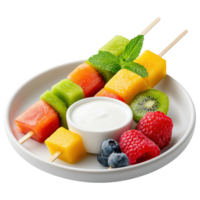 Free Isolated on Transparent Background, Fresh fruit skewers with yogurt dip, colorful and vibrant, perfect for healthy snack or dessert png