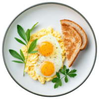 Free Isolated on Transparent Background, Scrambled eggs, fried eggs, toast, and herbs create delicious breakfast plate, showcasing food and png