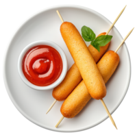Free Isolated on Transparent Background, Crispy corn dogs served with side of tangy ketchup, perfect for snacks and gatherings, food, and beverage png