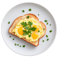 Free Isolated on Transparent Background, Scrumptious breakfast with eggs, toast, and fresh herbs, perfect for delightful morning meal. Enjoy food png