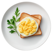 Free Isolated on Transparent Background, Delicious breakfast featuring scrambled eggs toast, garnished with fresh parsley, perfect for food and png