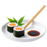 livre isolado em transparente fundo, Sushi rolos com salmão, servido com soja molho e enfeitado com verde folhas, perfeito para Comida e png