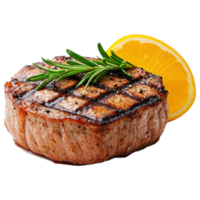 Free Isolated on Transparent Background, Grilled steak, food, and beverage, garnished with herbs and citrus, looks delicious and inviting png