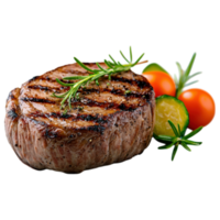 Free Isolated on Transparent Background, Grilled steak with fresh herbs, tomatoes, and zucchini, showcasing delicious food and beverage options png