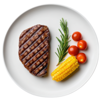 Free Isolated on Transparent Background, Grilled steak, corn, and tomatoes on plate, showcasing delicious food and beverage options png