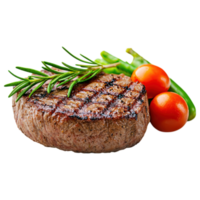 Free Isolated on Transparent Background, Grilled steak with fresh herbs, tomatoes, and green peppers, perfect for food and beverage lovers png