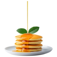 Free Isolated on Transparent Background, Delicious pancakes stacked high, drizzled with syrup, and garnished with fresh leaf, perfect for png