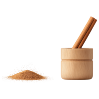 Free Isolated on Transparent Background, wooden mortar with cinnamon sticks and ground spice, showcasing natural materials and culinary elements png