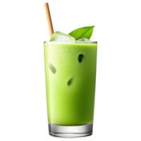 Free Isolated on Transparent Background, Refreshing green beverage with ice, perfect for hot days, featuring straw and leaf garnish. Enjoy this png