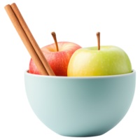Free Isolated on Transparent Background, Fresh apples bowl, showcasing vibrant colors and cinnamon sticks, perfect for food and beverage lovers png