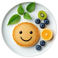 Free Isolated on Transparent Background, cheerful pancake with smiley face, surrounded by fresh blueberries, slice of lemon, kiwi, and green png