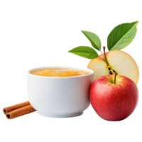 Free Isolated on Transparent Background, Delicious apple juice with fresh apples, cinnamon sticks, and vibrant green leaves, perfect for food and png