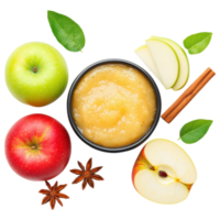 Free Isolated on Transparent Background, Delicious applesauce made from fresh apples, showcasing vibrant green and red apples, and aromatic spices png