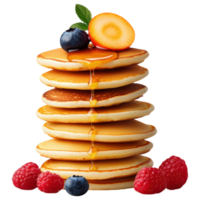 Free Isolated on Transparent Background, Delicious pancakes stacked high, topped with syrup, berries, and slice of fruit, perfect for breakfast png