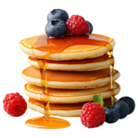 Free Isolated on Transparent Background, Delicious pancakes topped with syrup, blueberries, and raspberries, perfect for breakfast, food png
