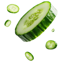 Free Isolated on Transparent Background, Fresh cucumber slices floating air, showcasing vibrant green color and texture, perfect for food and png