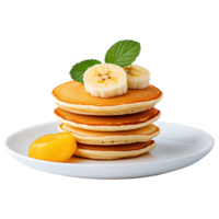 Free Isolated on Transparent Background, Delicious pancakes topped with banana slices and mint leaves, served with lemon slice, perfect for png