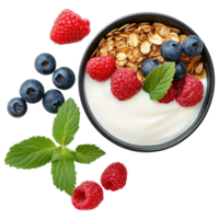 Free Isolated on Transparent Background, delicious bowl of yogurt topped with fresh raspberries, blueberries, and granola, perfect for healthy png