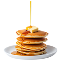 Free Isolated on Transparent Background, Delicious pancakes stacked high, topped with butter and drizzled with syrup, perfect for breakfast. png
