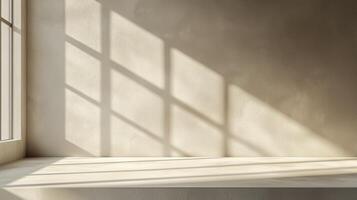 Minimalist rustic concrete shelf with sunlight shadows on textured wall photo