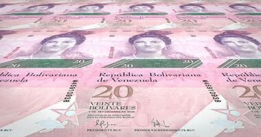 Banknotes of twenty Venezuelan bolivars of the bank of Venezuela rolling on screen, coins of the world, cash money, loop video